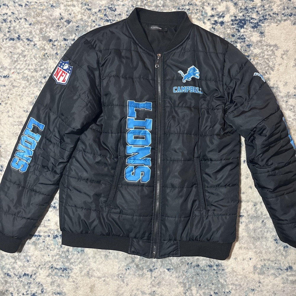 Liasoso Detroit Lions NFL Puffer Jacket Men's Sz L Multiple Logo Pride Campbell